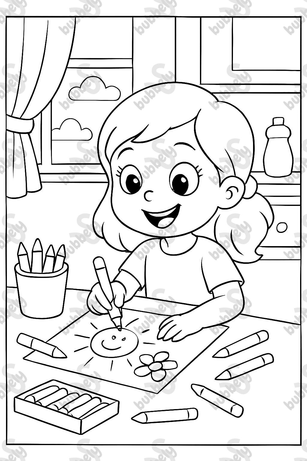 6 year old girl with pretty eyes, coloring and making art at a kitchen table. put art supplies on the table. have a window in the background. 6 year old girl with pretty eyes, coloring and making art at a kitchen table. put art supplies on the table. have a window in the background.