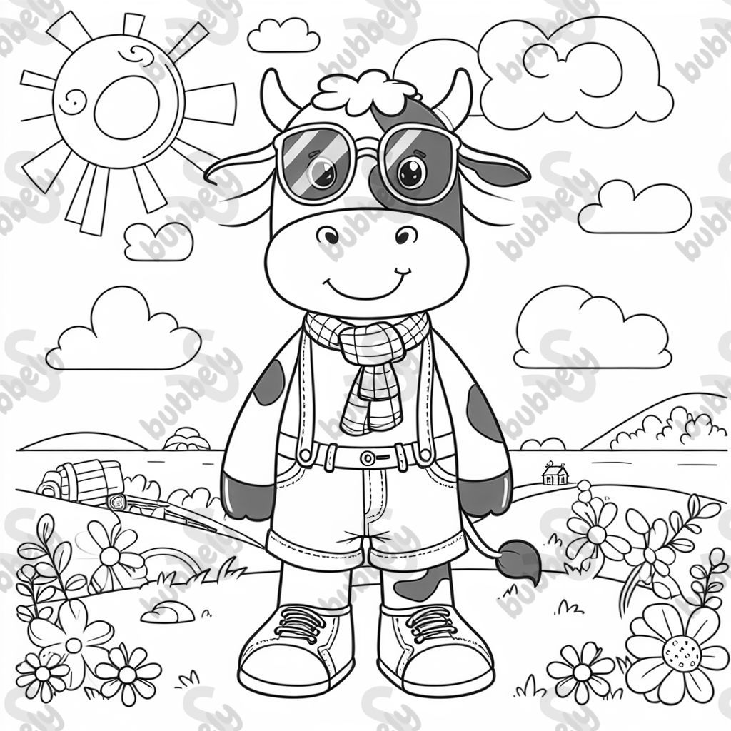 a friendly cow, wearing clothes and sunglasses