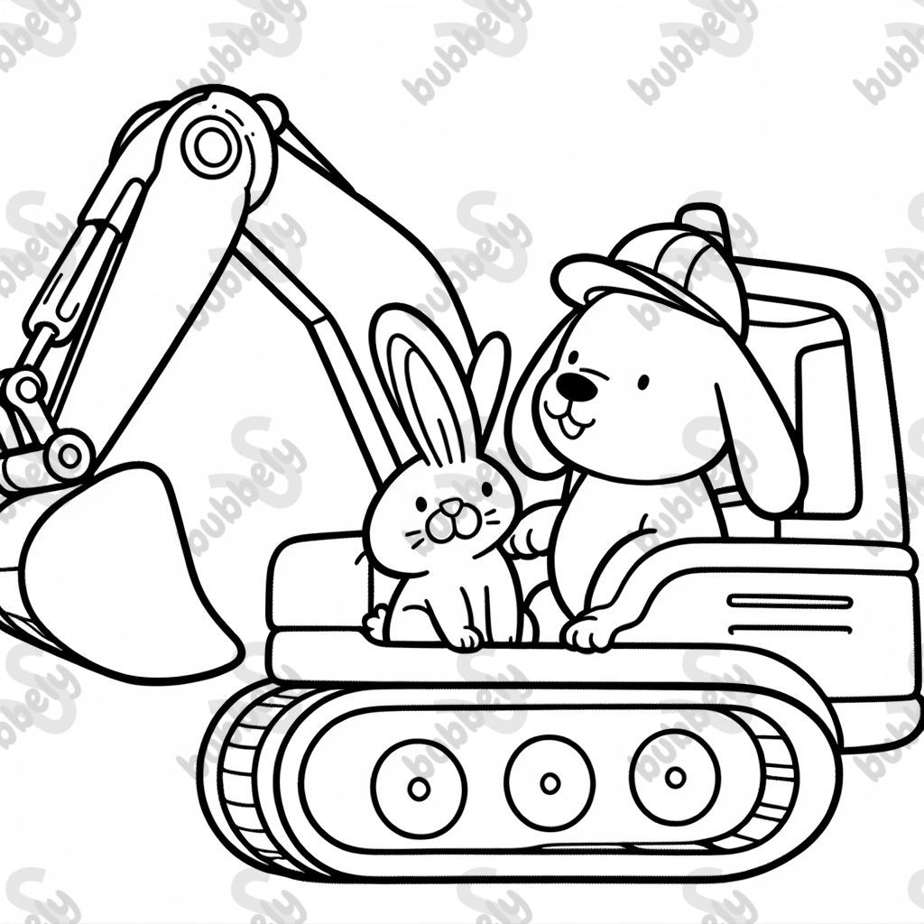 a small rabbit and a big dog in an excavator. There is nothing visible in the background. Only the excavator with the animals.