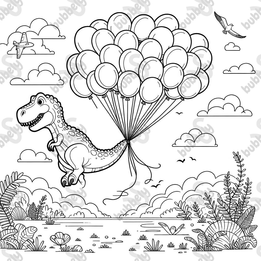 A t-rex carried by balloons