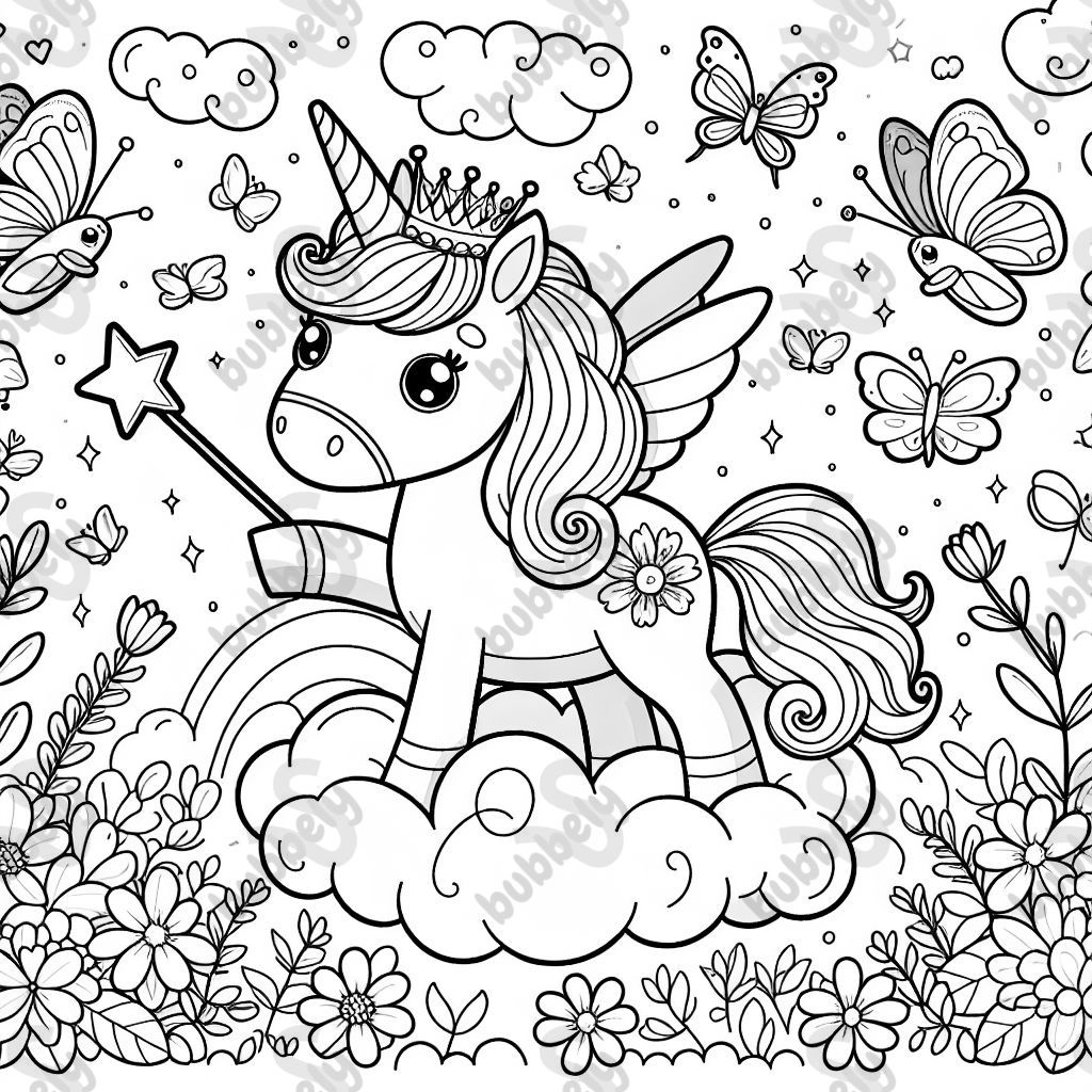 Einhorn mit Krone und Zauberstab auf Wolken mit Schmetterlingen, Vögeln und Blumen