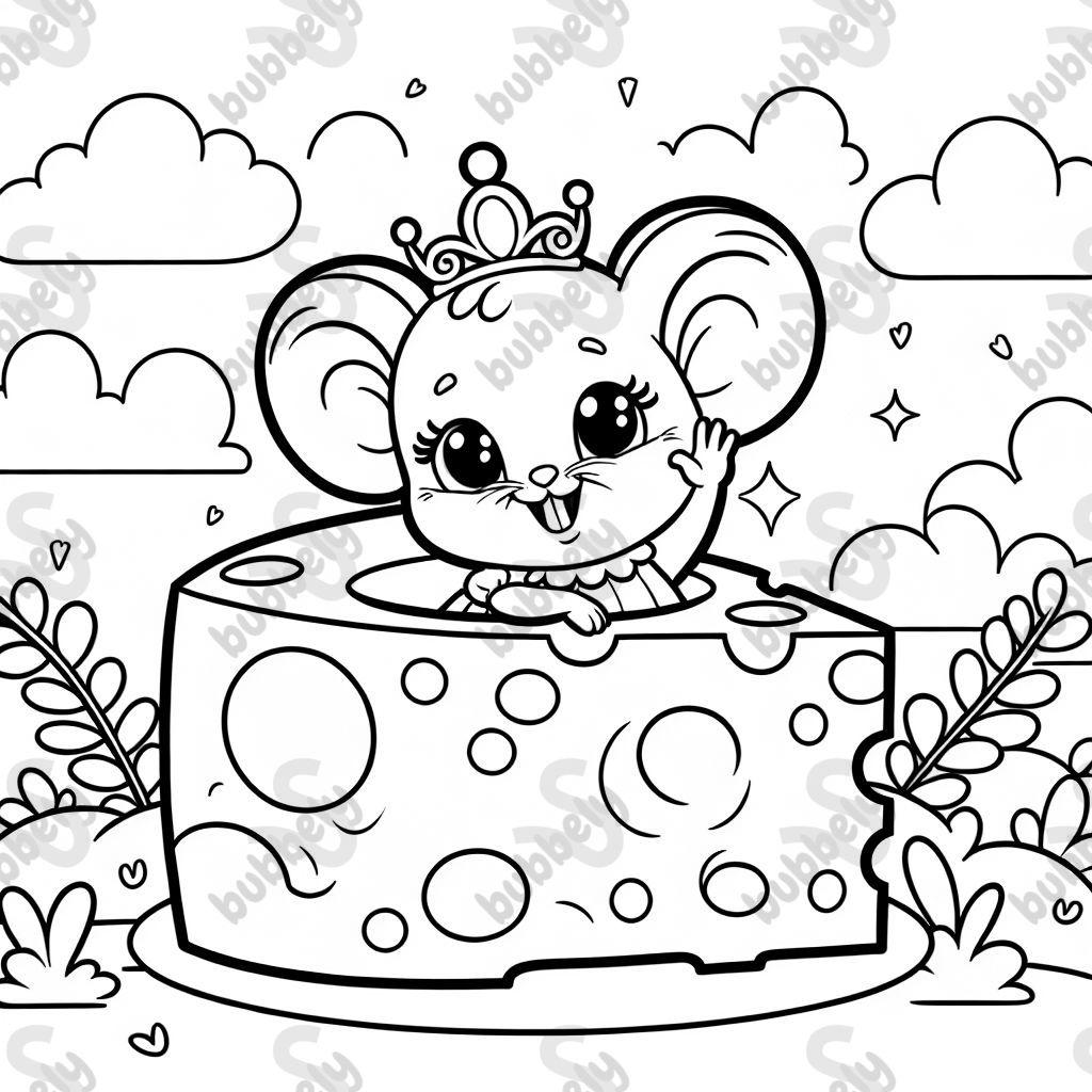 A mouse princess poking out of a wedge of cheese.