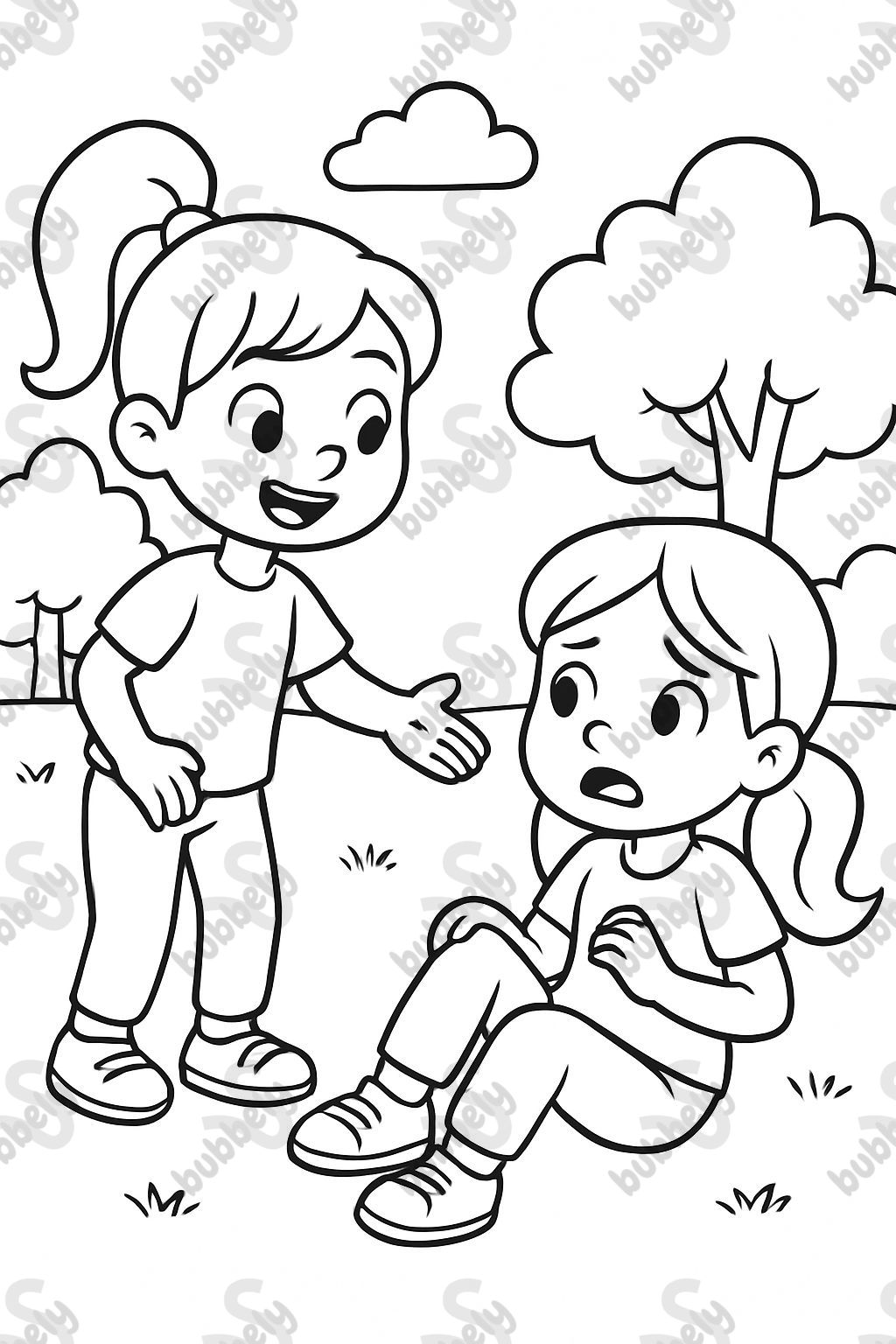 A 6 year old girl with a ponytail, pants, and a t-shirt asking a girl that tripped and fell if she is okay. A 6 year old girl with a ponytail, pants, and a t-shirt asking a girl that tripped and fell if she is okay.