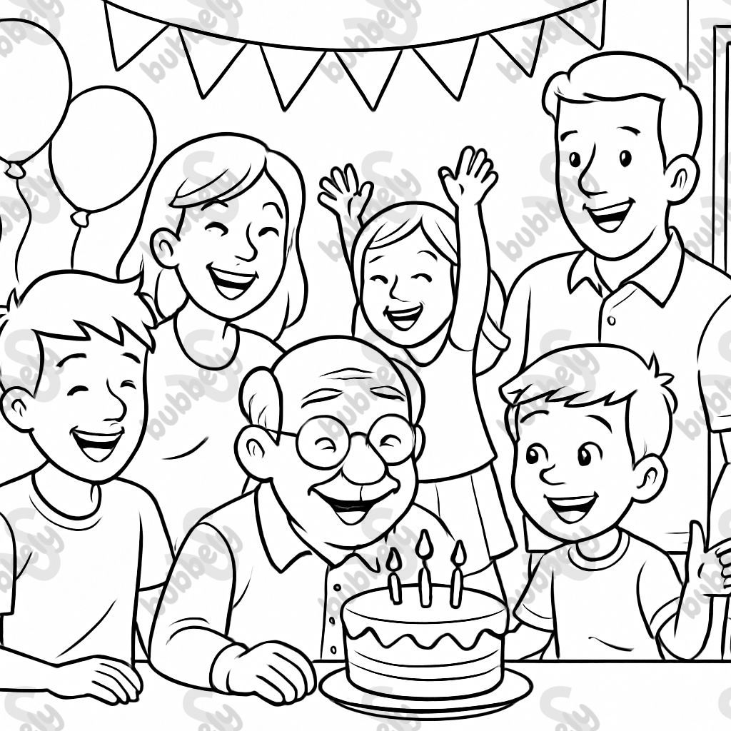 Young grandpa having birthday cake with his 2 adult kids 1 boy and 1 girl and his 4 grandkids 1 boy teenager and 2 girls and a 6 year old boy.