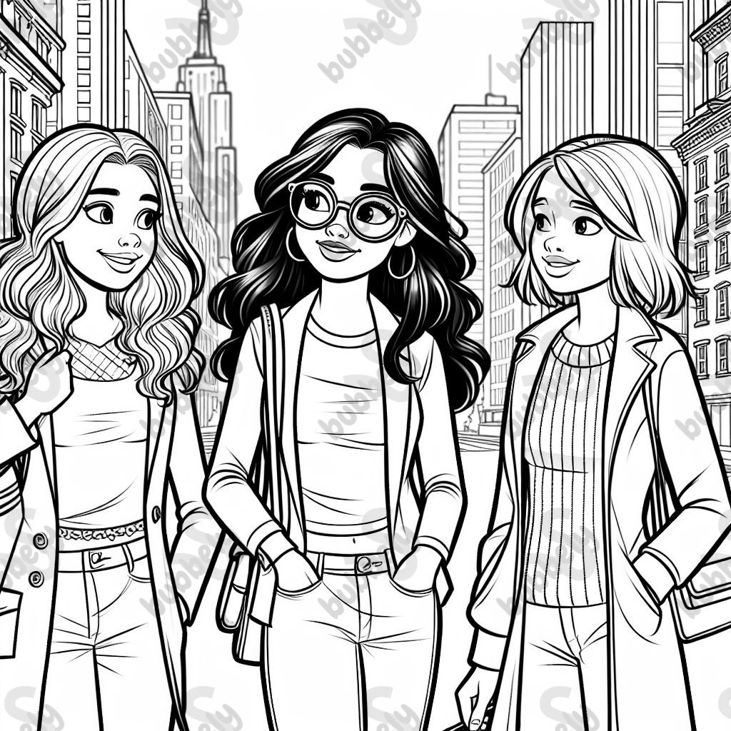 3 young women are walking through the city and chatting. 2 women with long brown hair, one with shoulder-length blonde hair and large glasses.