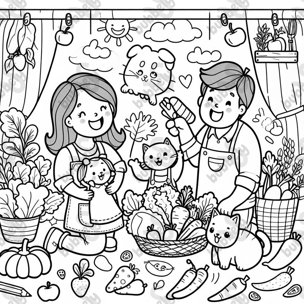 Mama, Papa, Katze, Hund und Gemüse