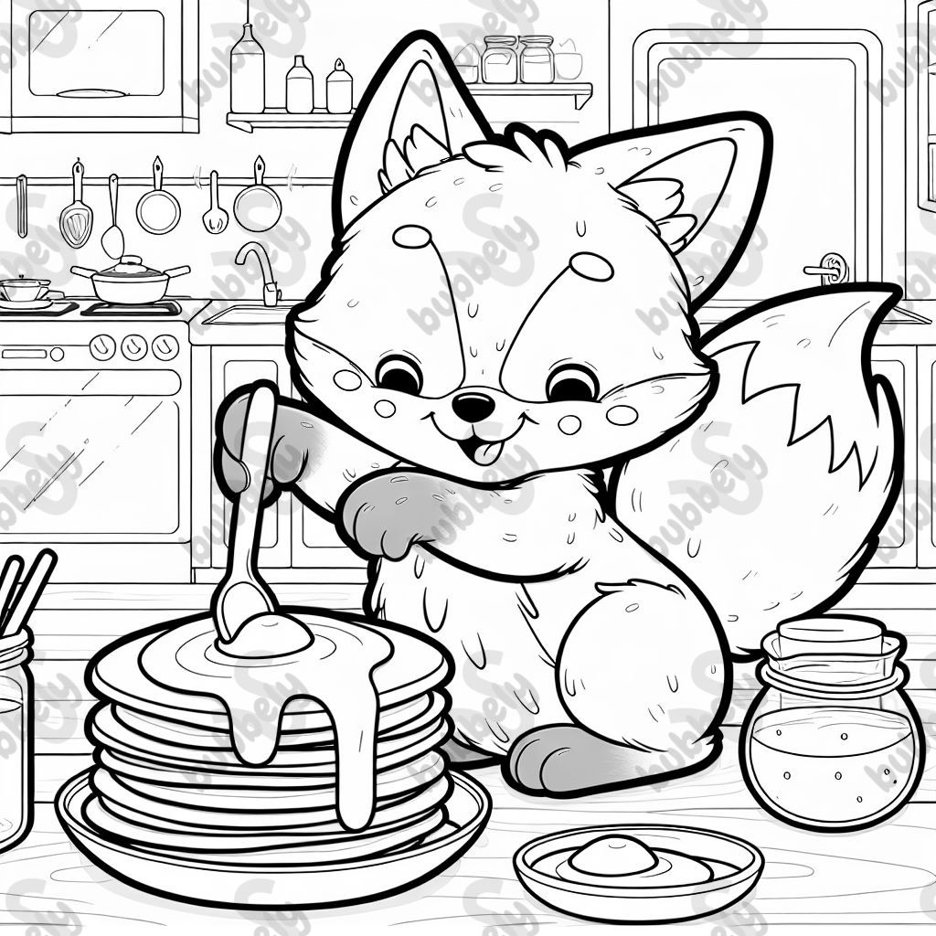 cute fox making pancakes