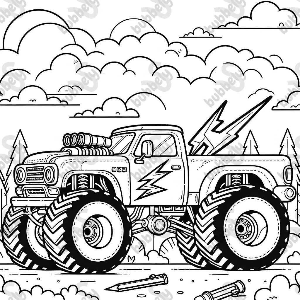un monster truck avec des éclairs sur le côté