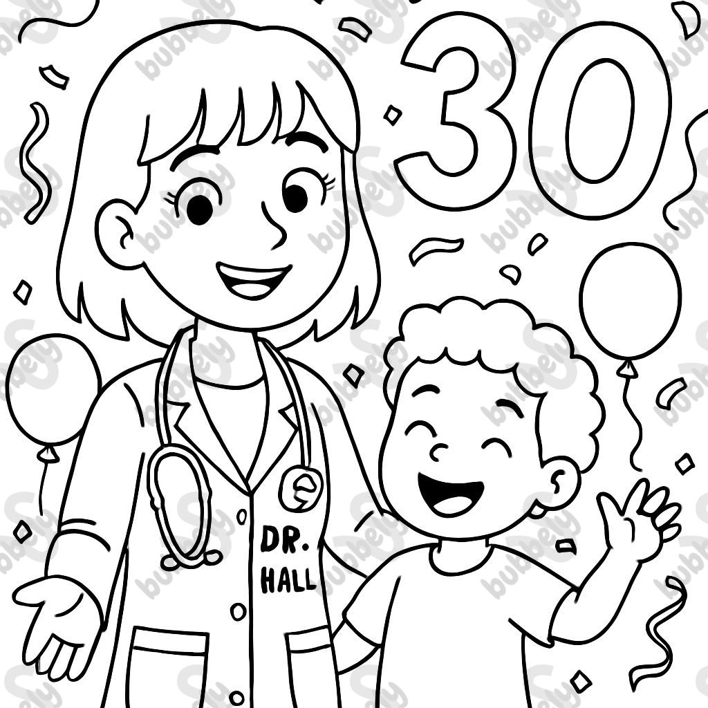 Female pediatrician with bangs and name Dr. Hall and 30th celebration.