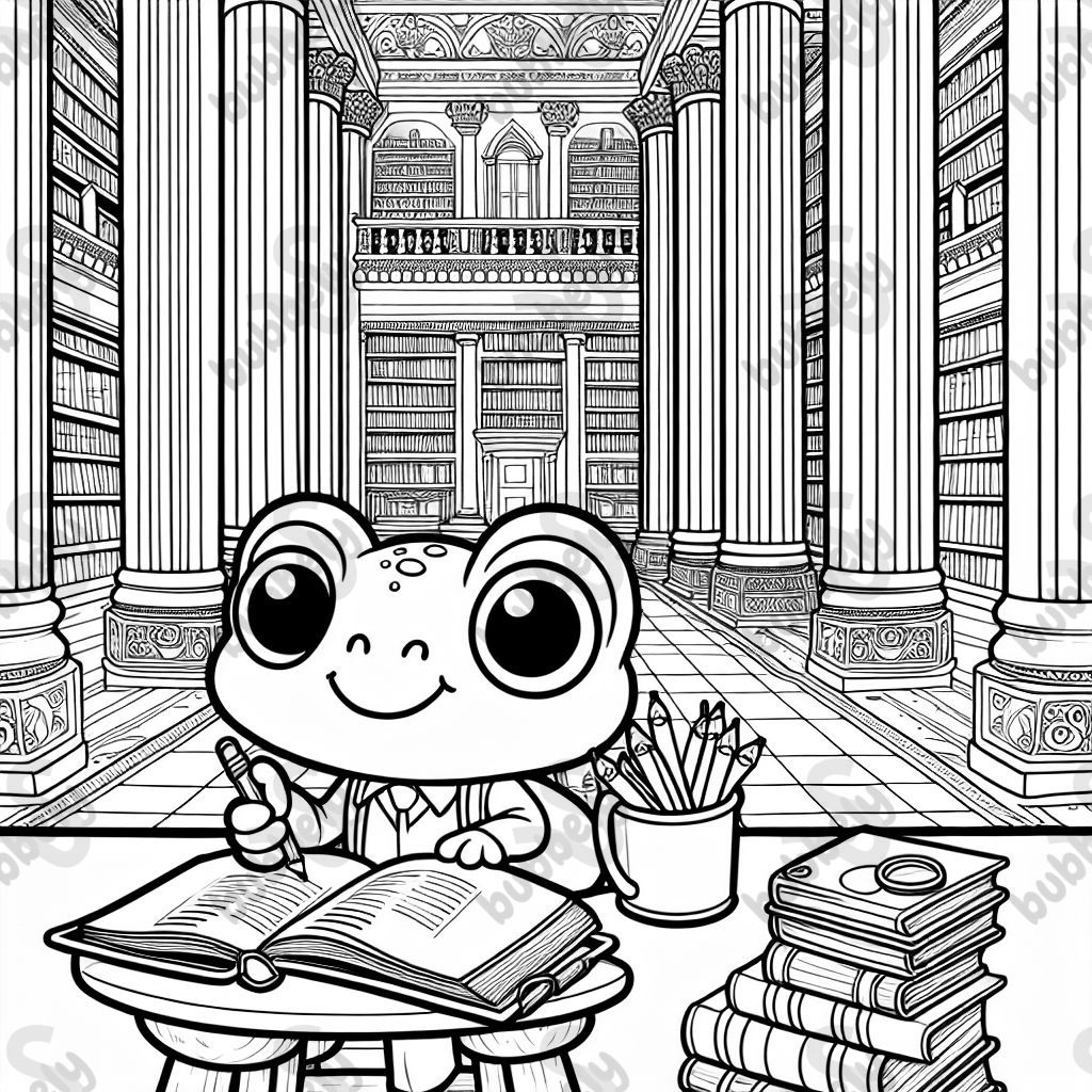 A cute frog studying in a large old library
