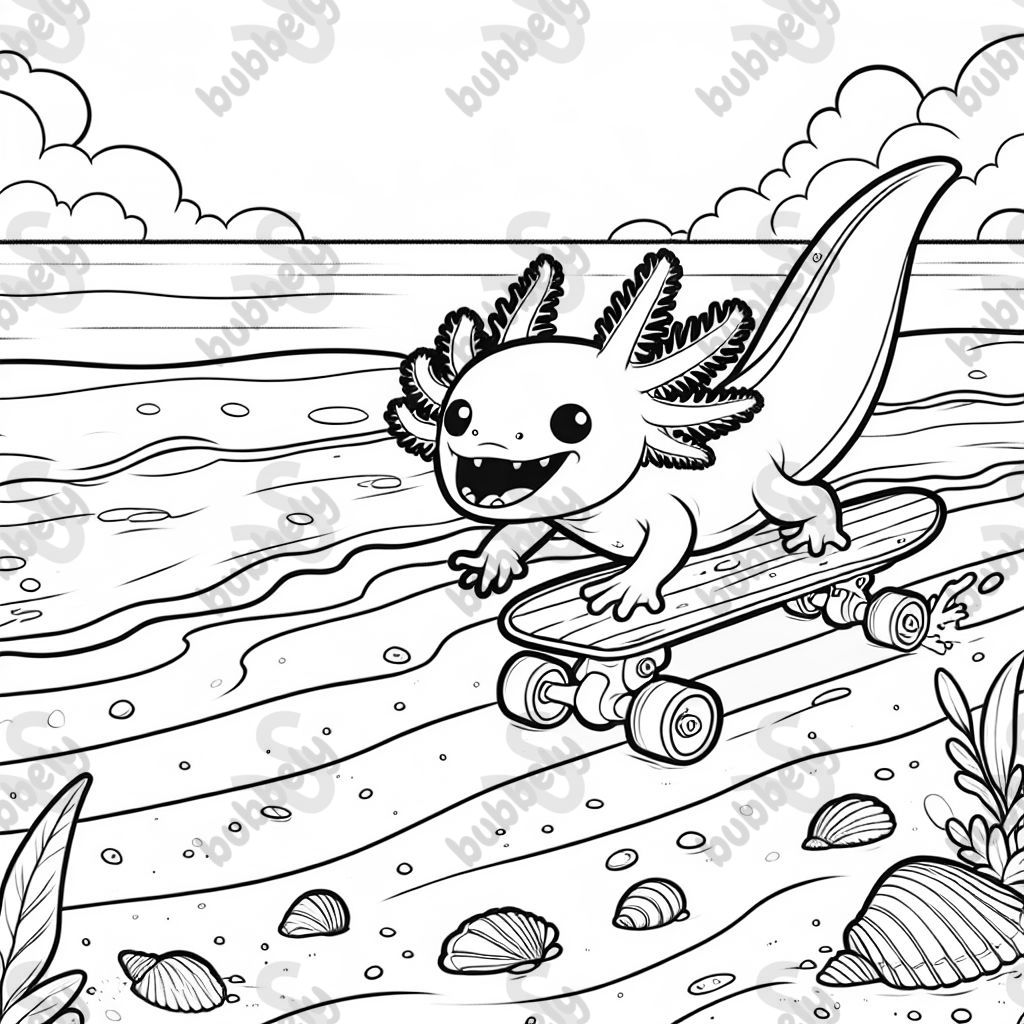 an axolotl skateboarding on the beach