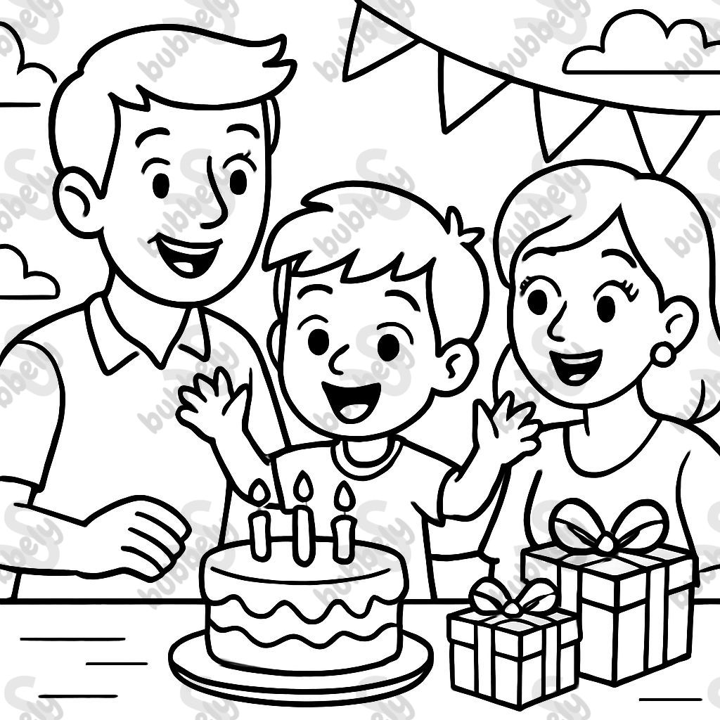 Dad, Mom, child, birthday cake and gifts