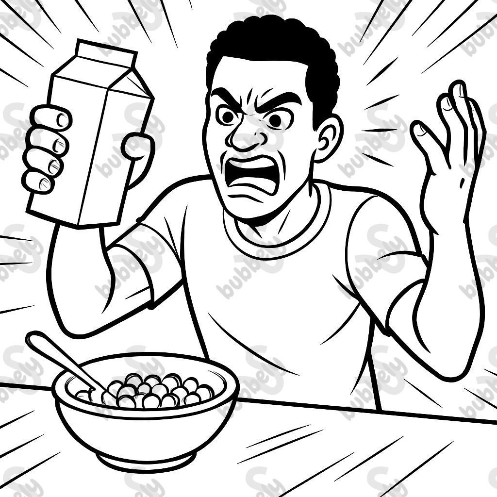black man upset without milk and cereal