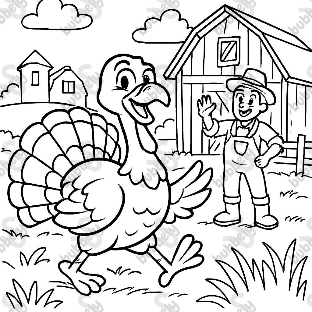 A turkey in a big field and a farm in the background and a farmer right in front of a barn.