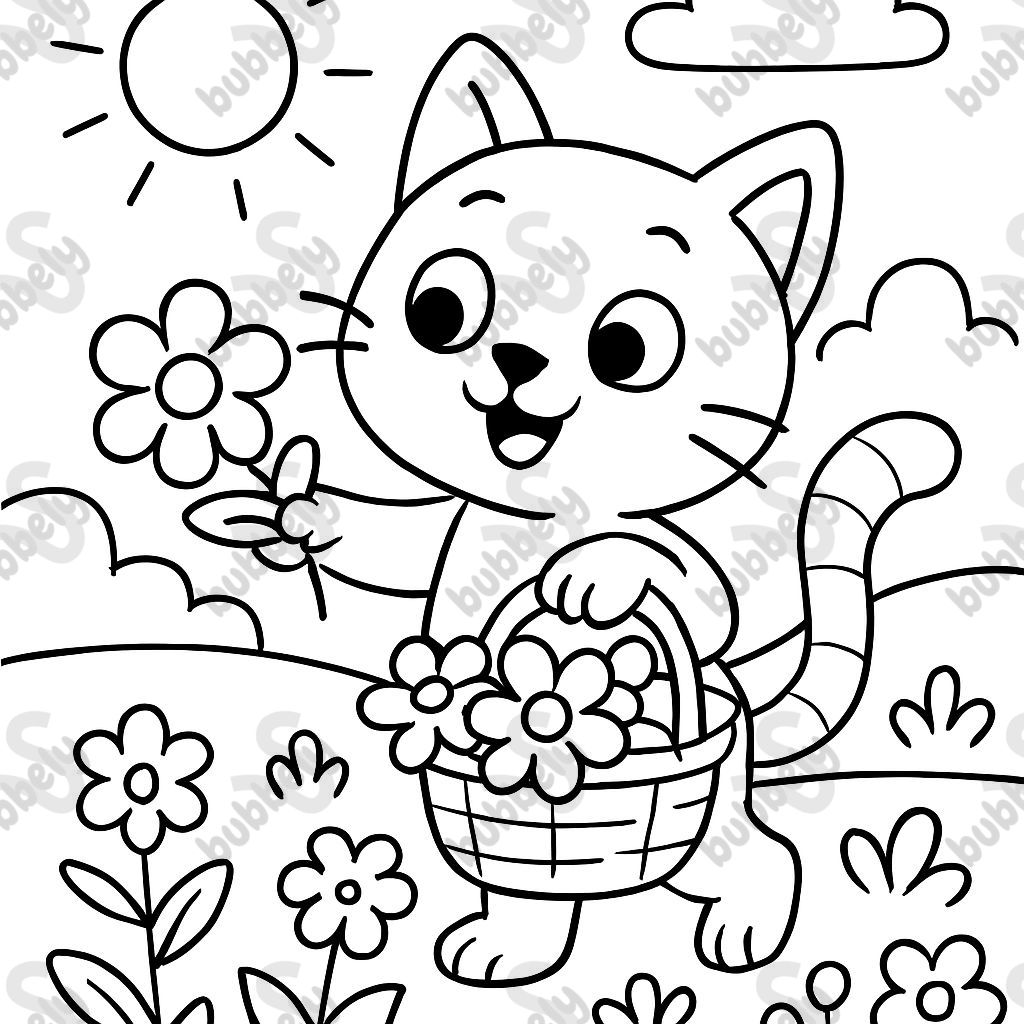 A cat picking flowers in a basket.