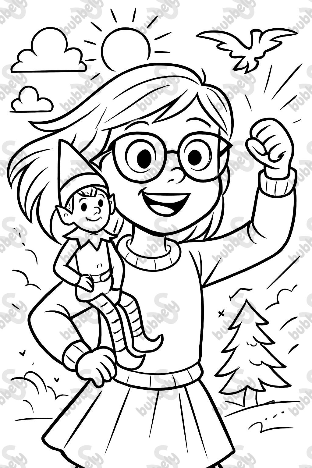 niña con gafas con elfo en la estante en su hombro