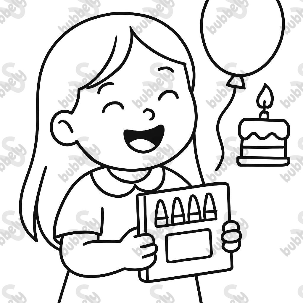 a little girl with long hair who receives markers as a birthday gift and is very happy about it