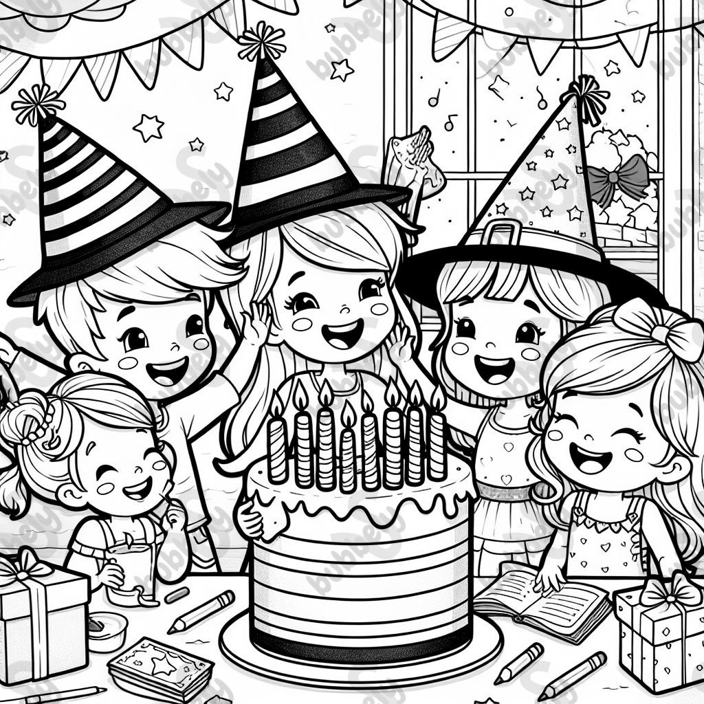 drei geschwister, ein kleiner junge, zwei mädchen, feiern mit einer hexe geburtstag