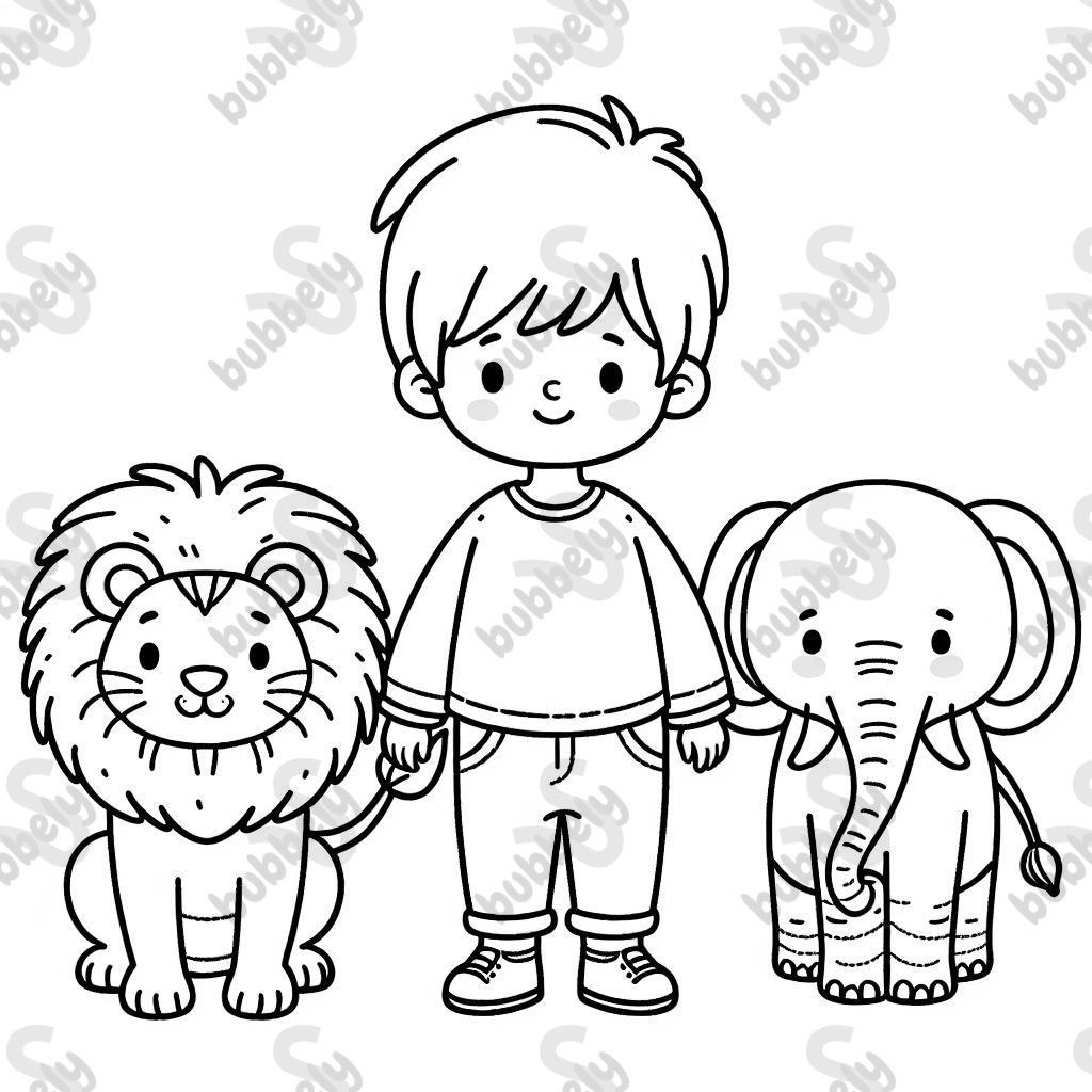 einen Jungen neben einem Löwen und einem Elefant