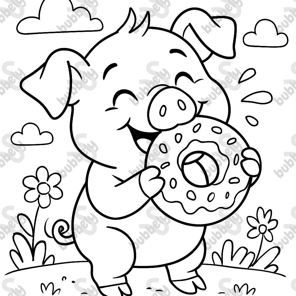 A pig biting a donut.