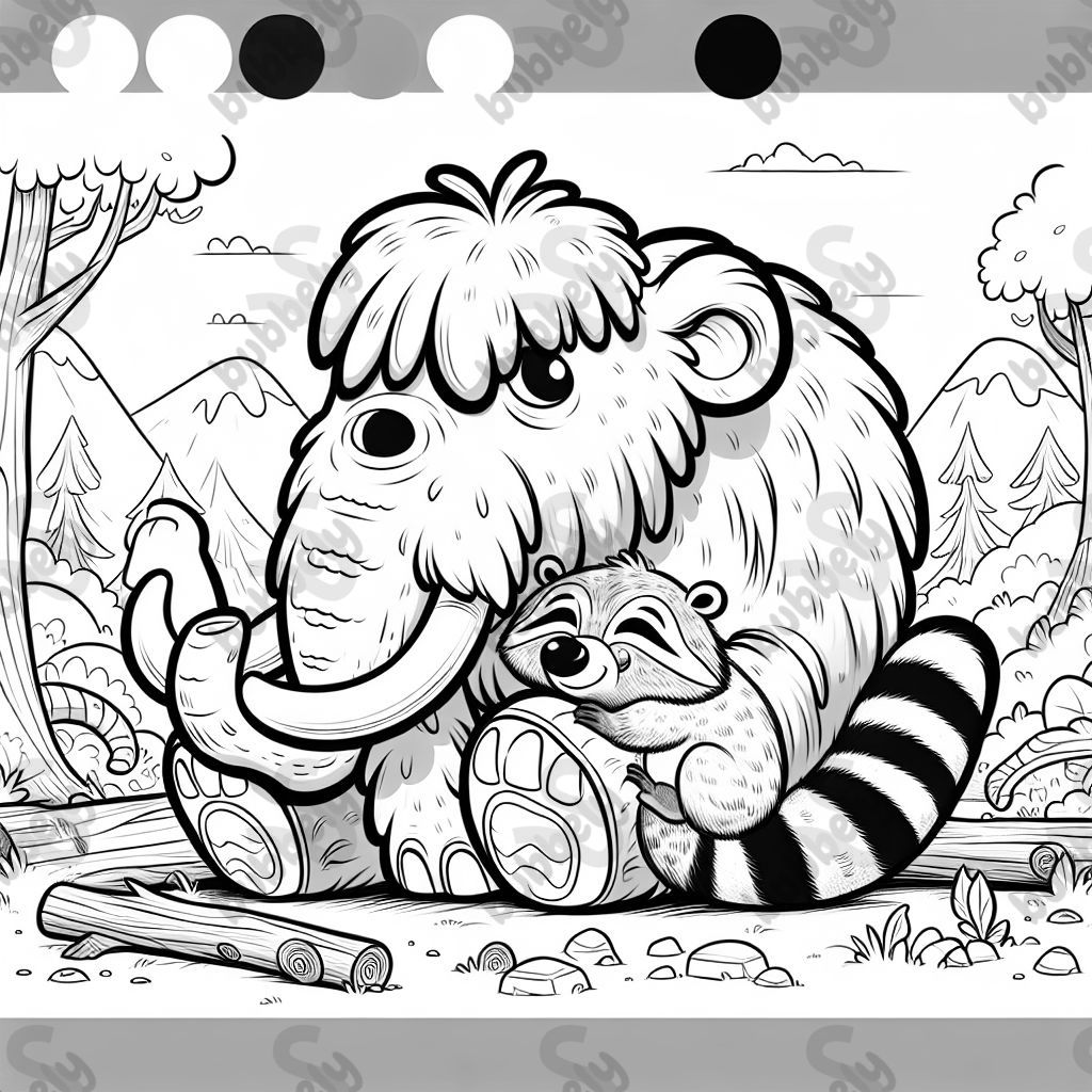 Ein Mammut, das einen Waschbär kuschelt