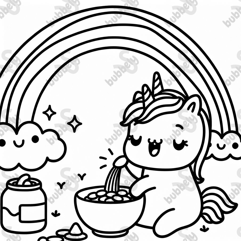 Unicorn searching for food, rainbow