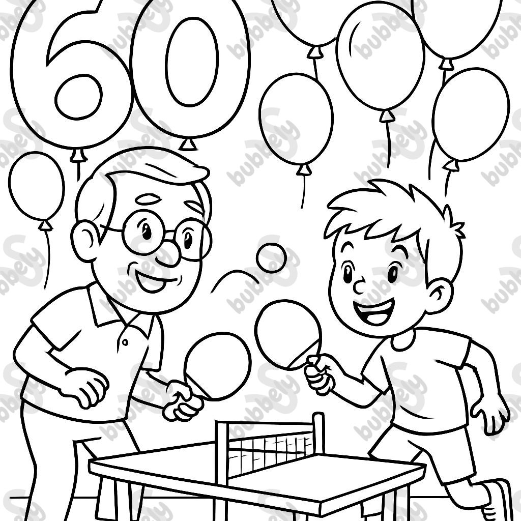 Young-looking grandfather (with glasses) plays table tennis with his 10-year-old grandson. In the background, the number 60 is represented as a balloon along with many other balloons.