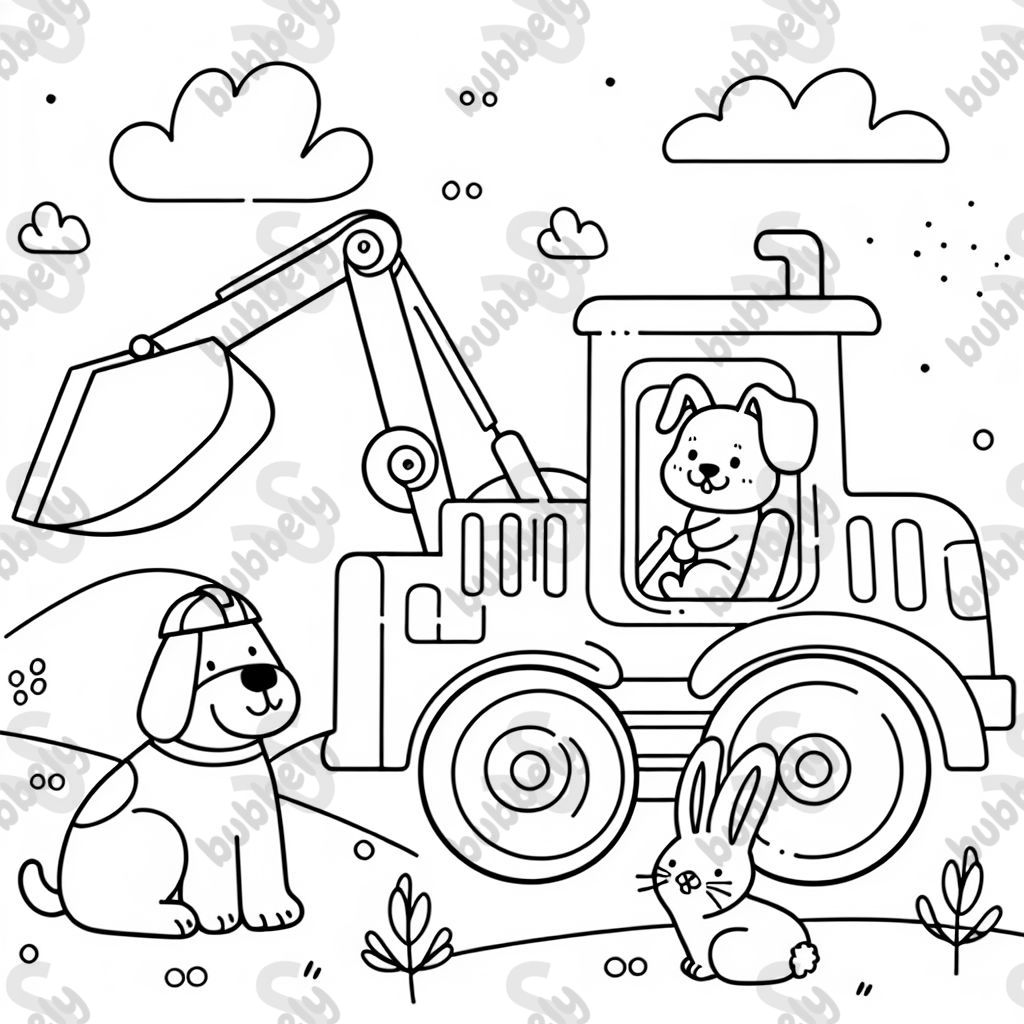 A digger with a dog and a rabbit inside