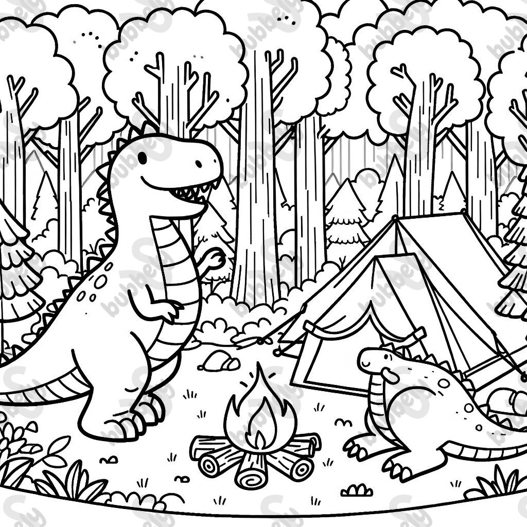 A dinosaur camping in the forest