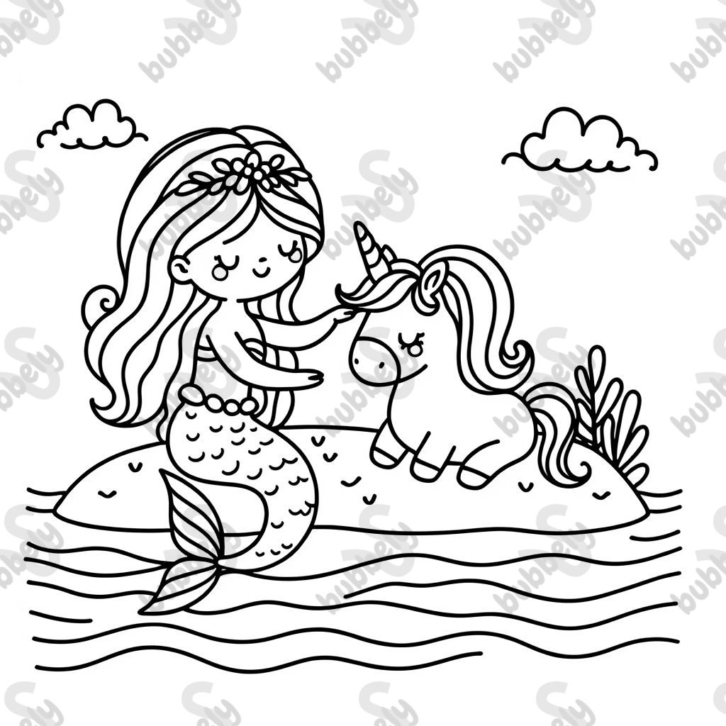 Simple mermaid in the ocean petting a unicorn on an island