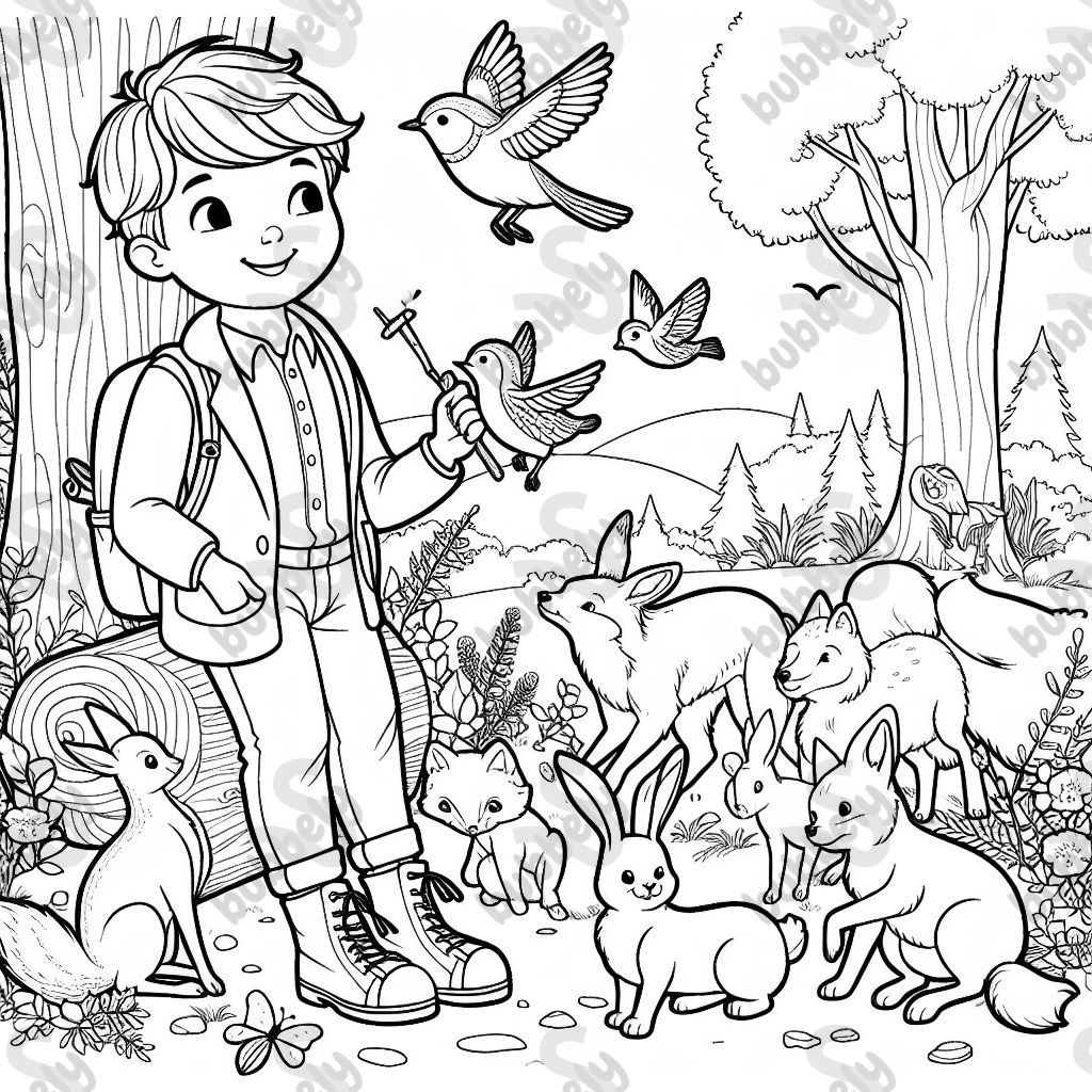 Little boy with forest animals 