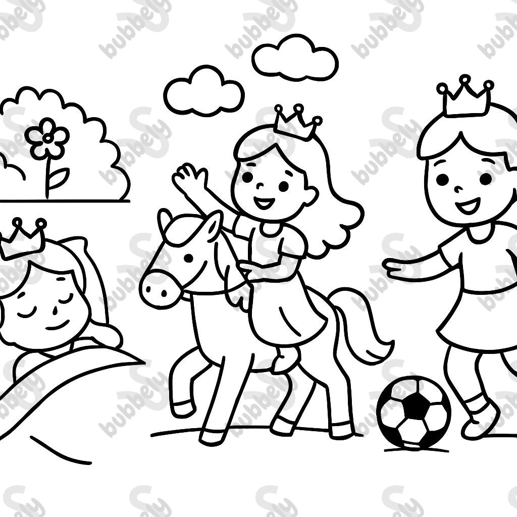 3 princesses. One is sleeping, the other rides a horse and the last one plays soccer. 3 princesses. One is sleeping, the other rides a horse and the last one plays soccer.