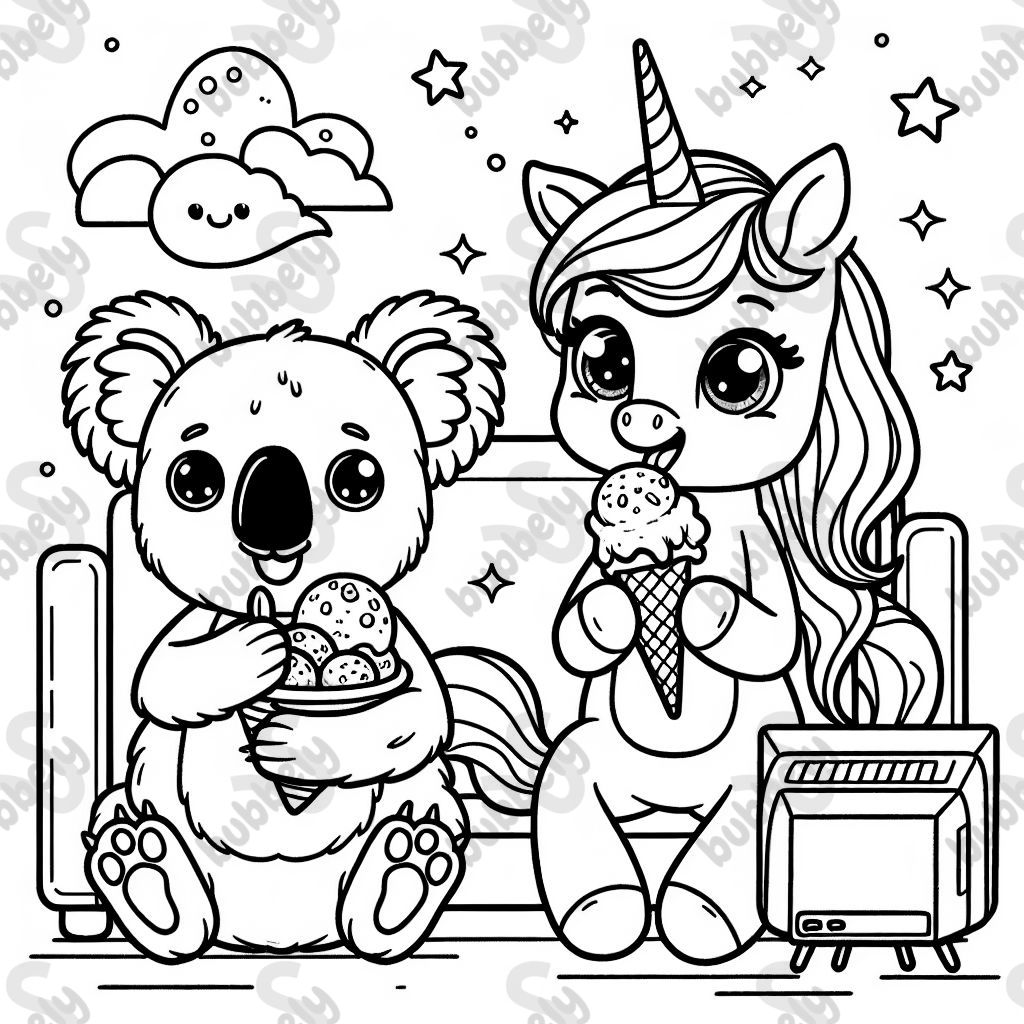 A koala and a unicorn sitting in front of a tv watching a show together while eating ice cream cones.