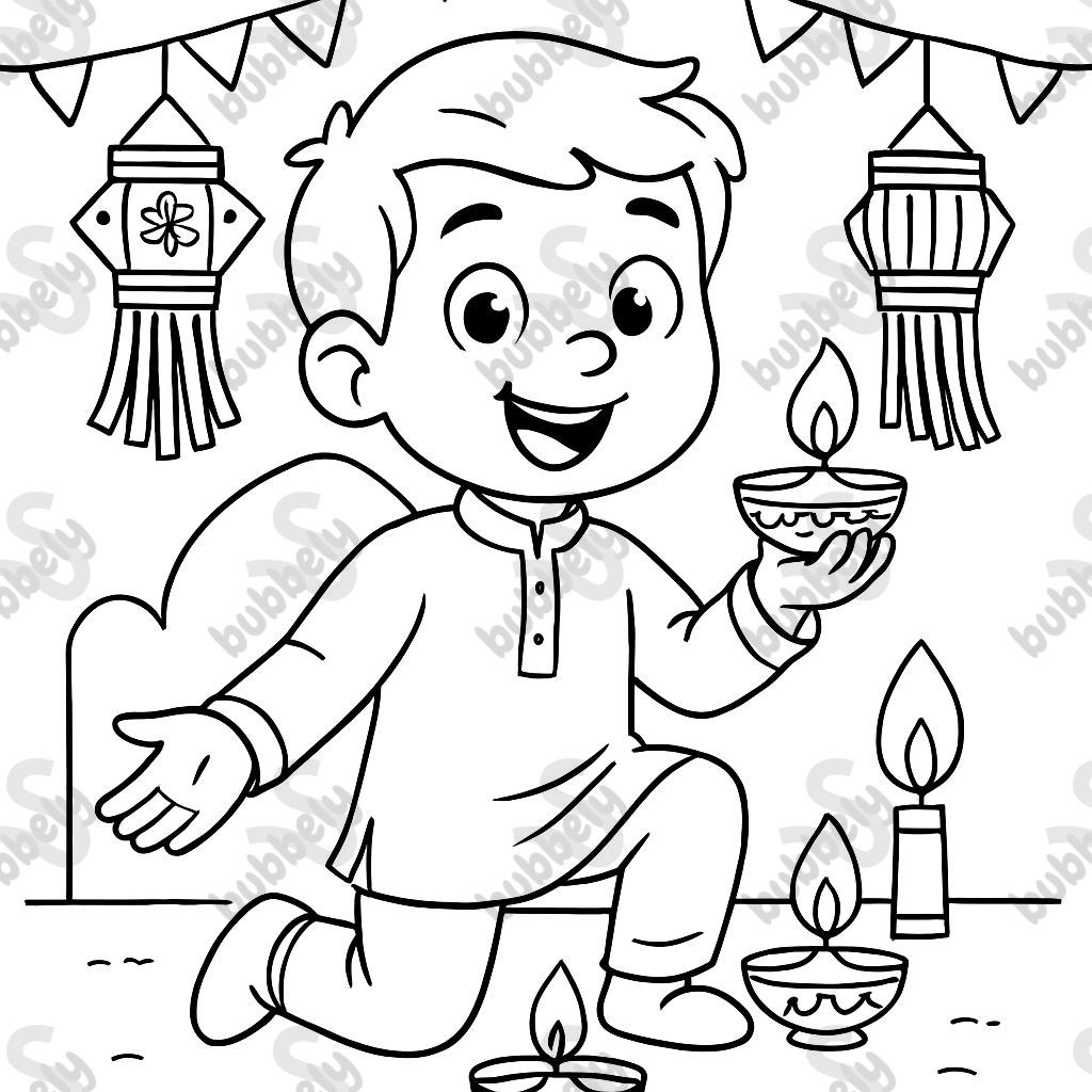An image for the festival of lights Diwali. with a boy, candles, no fireworks