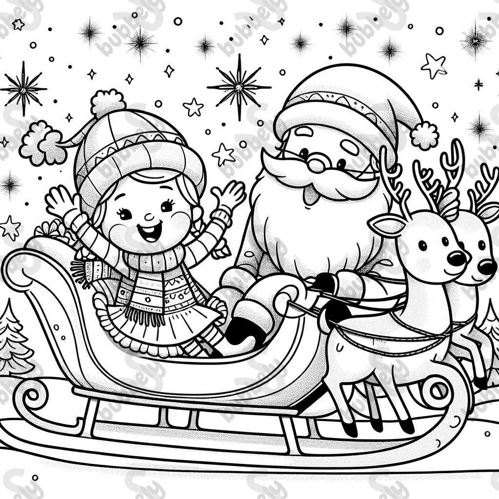 girl and santa in sleigh with reindeer