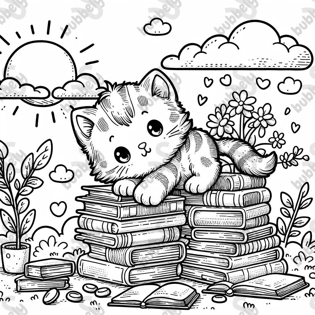 A kitty with books