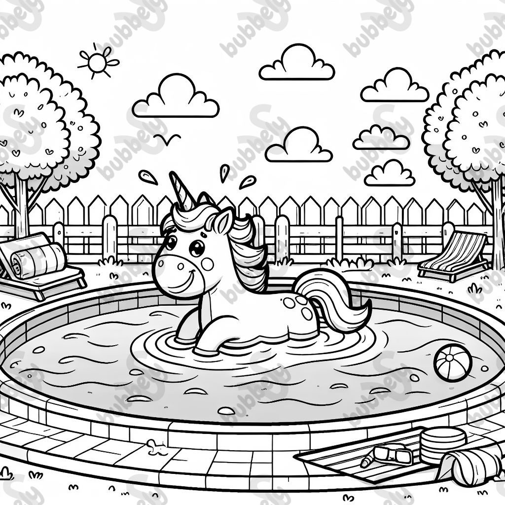 Ein Einhorn das in einem großen Freibad schwimmt