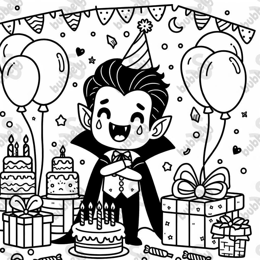 A cheerful vampire celebrating his birthday with cake and balloons and gifts