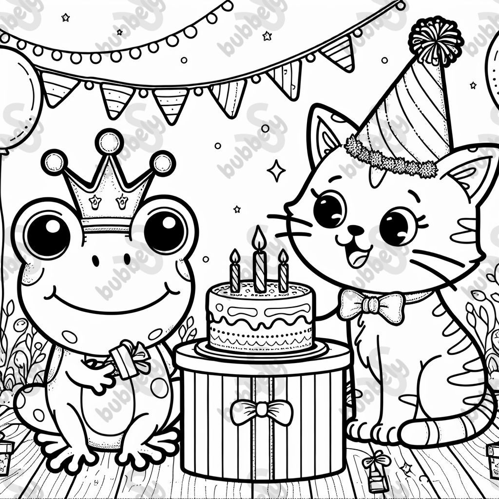 A frog with a crown and a cat with a crown celebrate a birthday