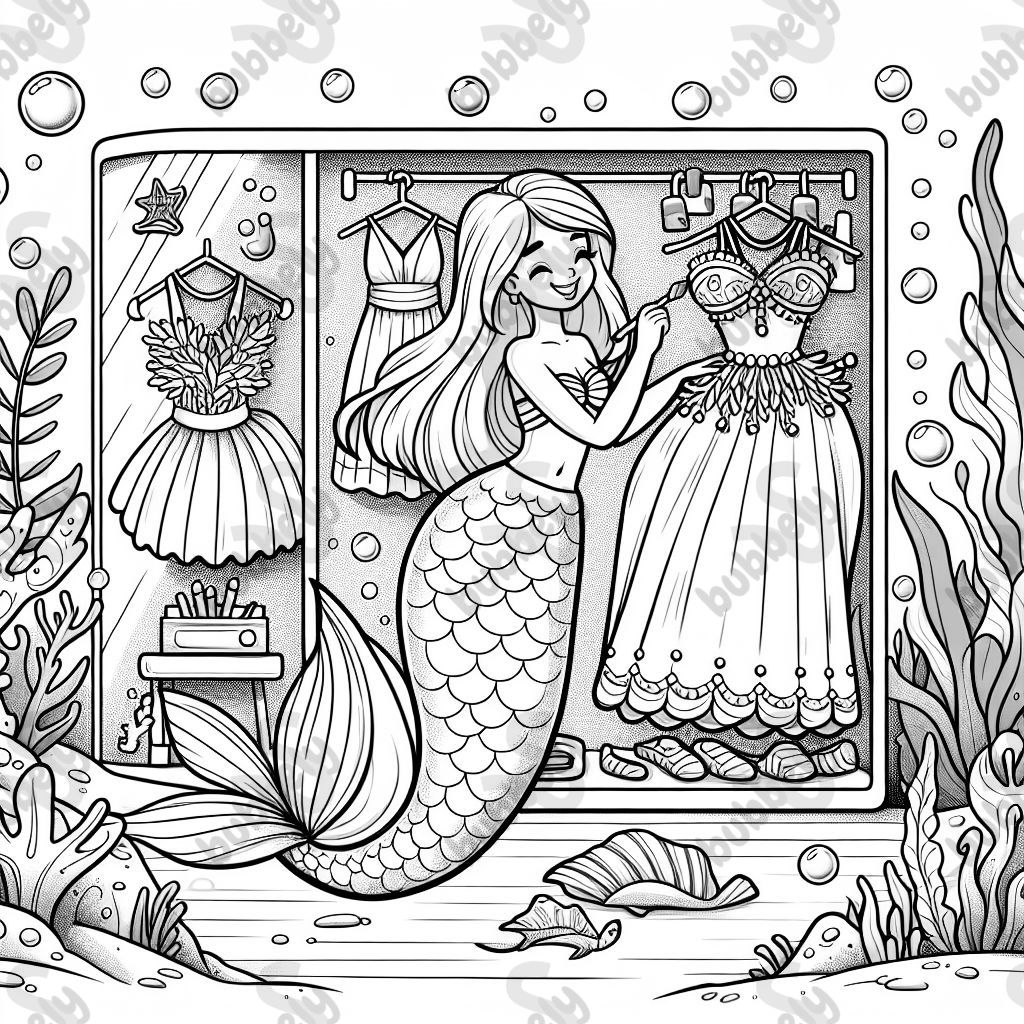 mermaid working on her dress in her wardrobe