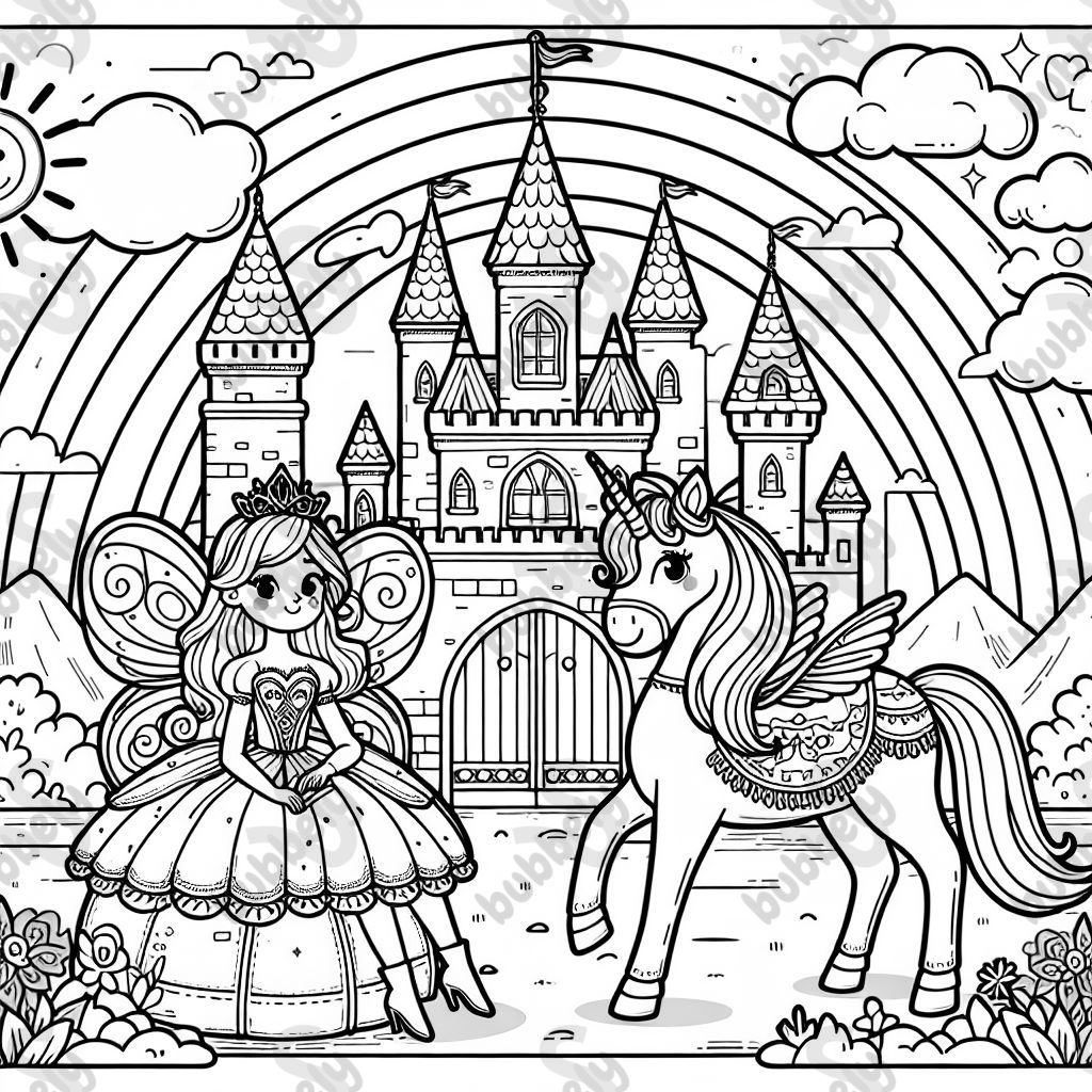 fairy princess in a castle with a rainbow and a unicorn