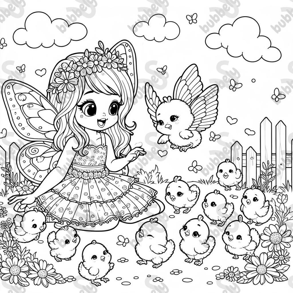 A young girl in a butterfly costume, surrounded by baby chickens