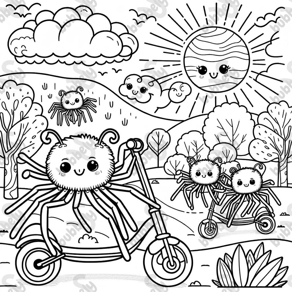 Spider animals riding scooter.