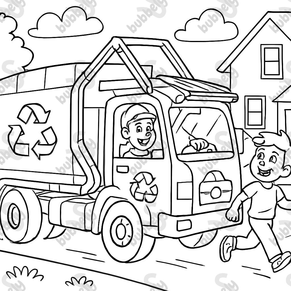 Recycling truck with dumpster on the front of the truck driving through a neighborhood and a person walking in their driveway nearby.