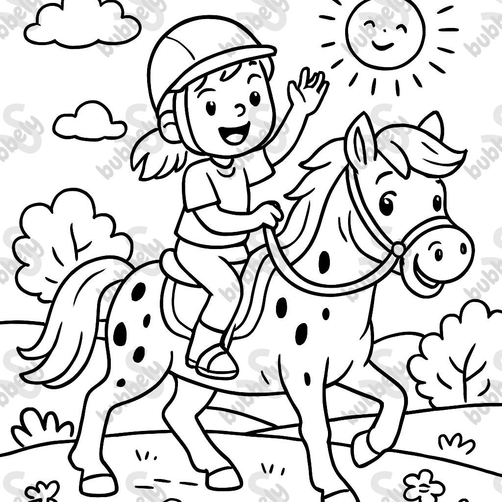 An 8 year old girl riding a white horse with small black spots.
