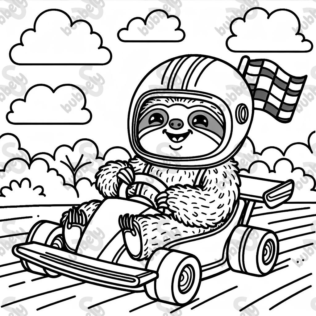 A sloth driving a race car and wearing a racing helmet