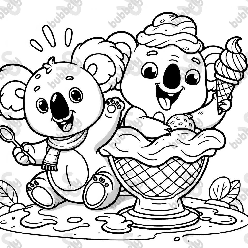 A bear and a koala eating ice cream on a giant ice cream sundae.