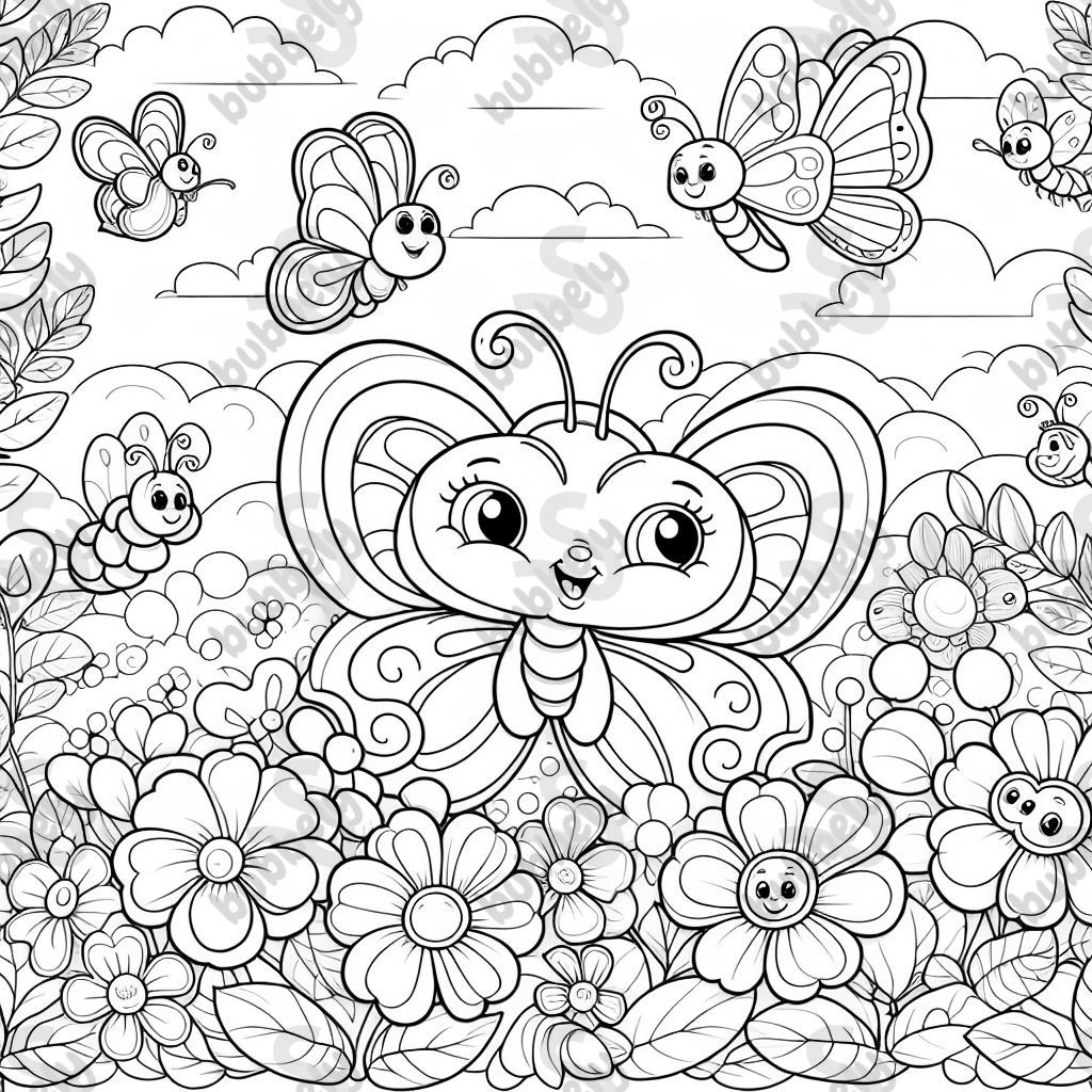 A Butterfly and some other insects with flowers in the background