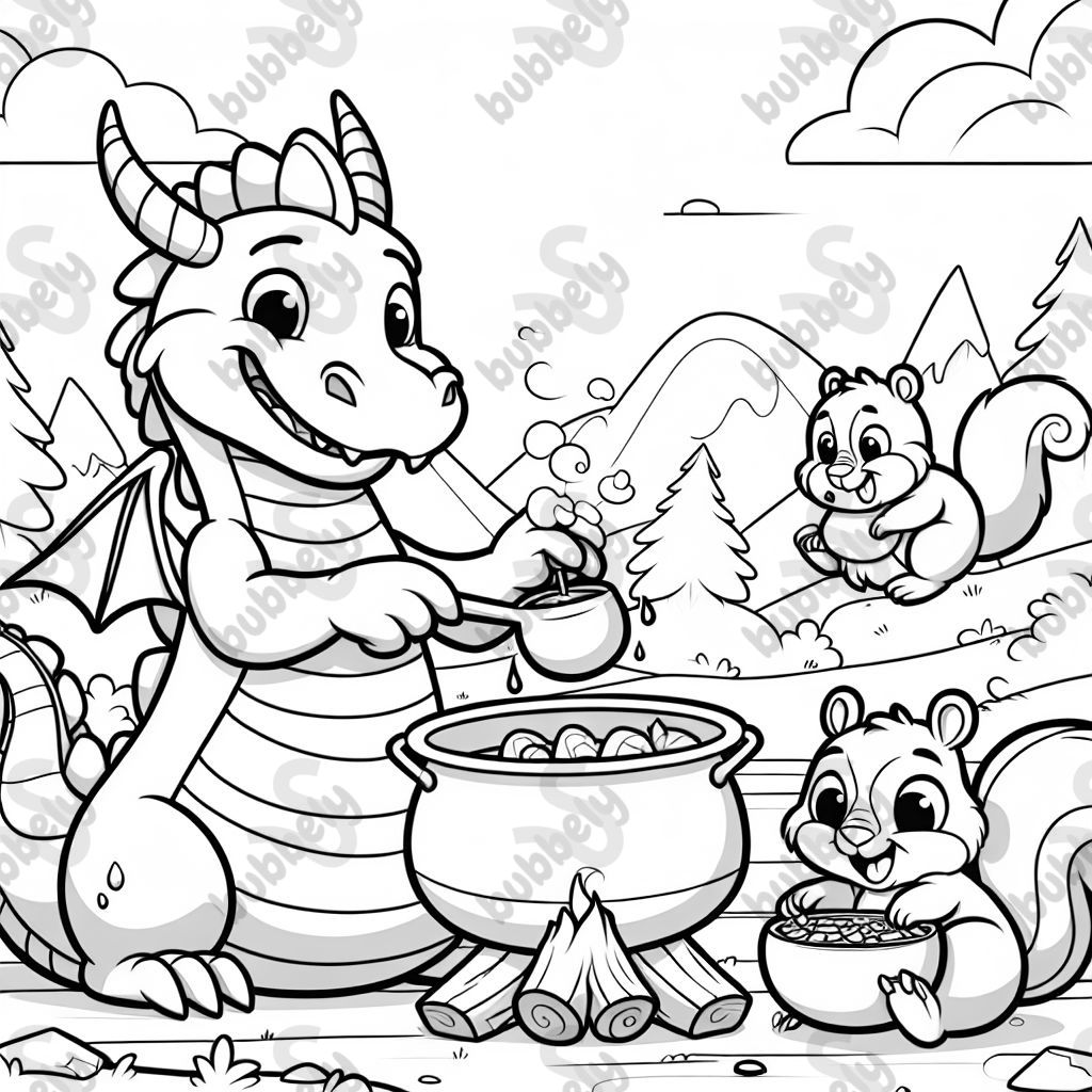 A dragon cooking dinner for a family of squirrels.