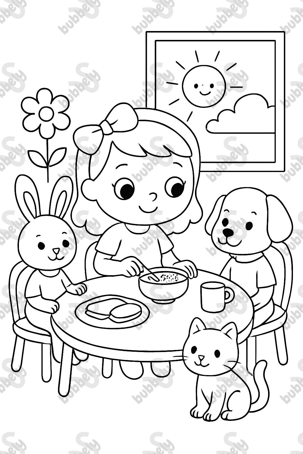 Doll with a bow in her hair having breakfast with a bunny wearing a shirt and pants with a dog and a cat.